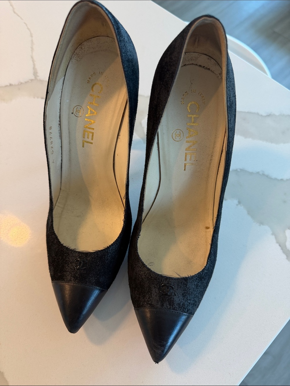 CHANEL Black Suede with Leather Cap Toe Pointed Pumps